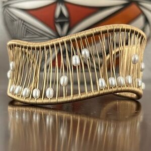 Tana Acton Kinetic Wave Cuff Bracelet Gold Filled With Seed Pearls Adjustable